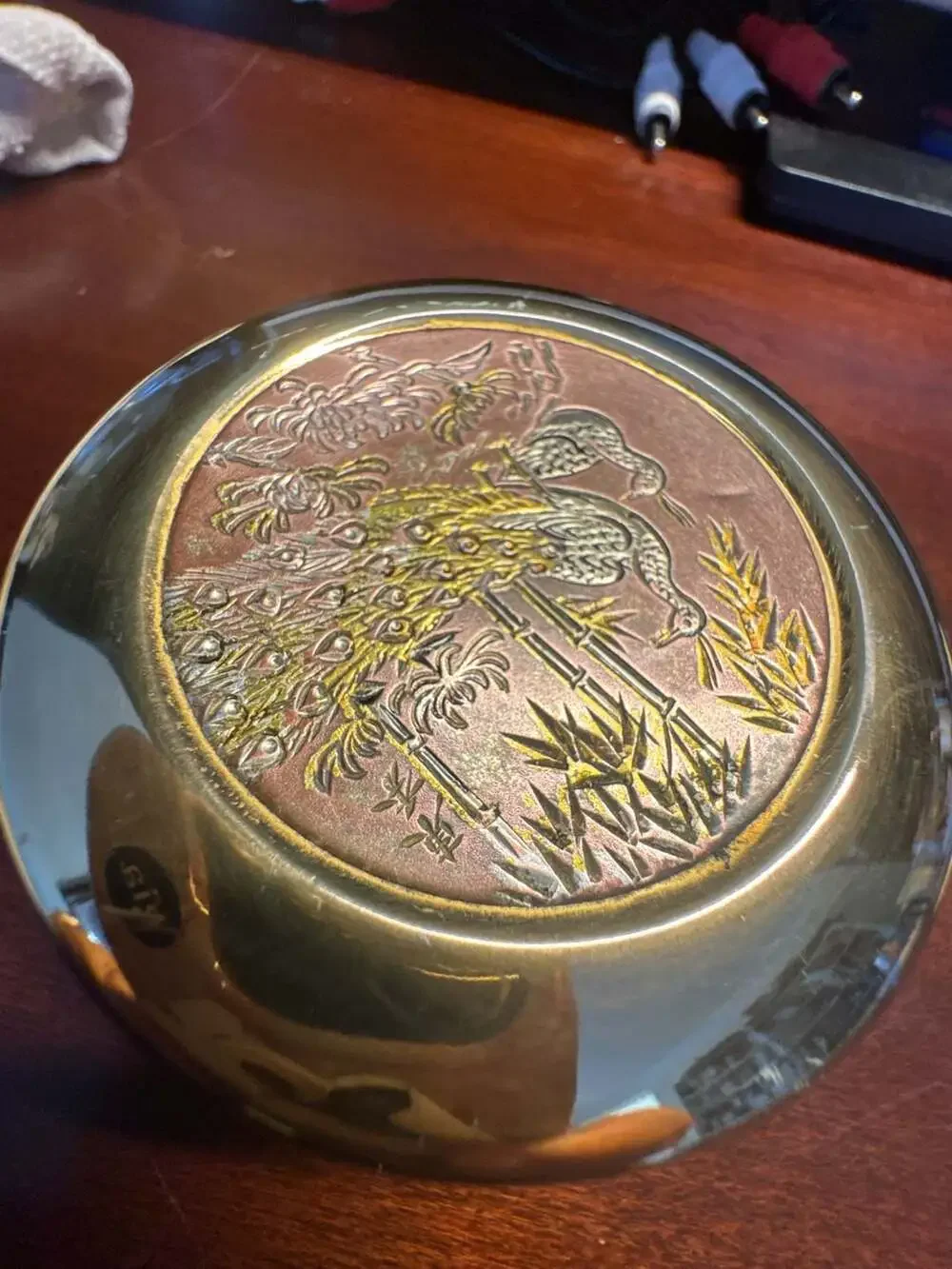 Vintage The Art of Chokin Porcelain Trinket Box with Gold Trim and Peacock Desig